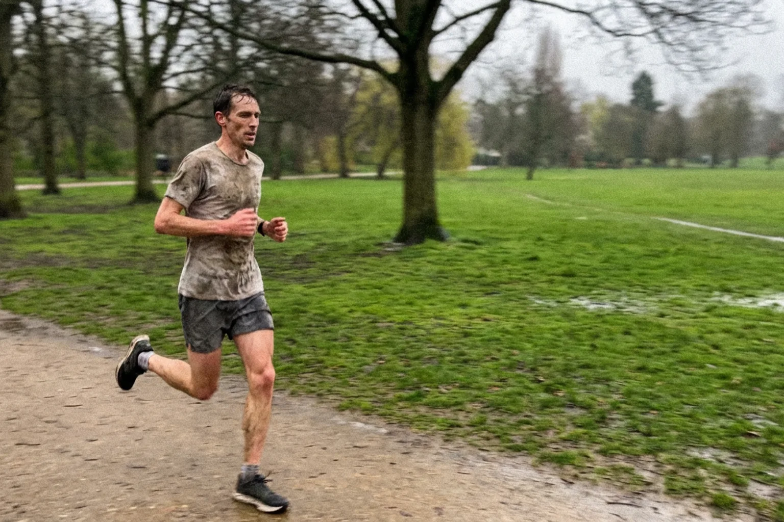 Candid iPhone photo of a lean male runner mid-stride on a park path, overcast natural light, slightly off-centre framing