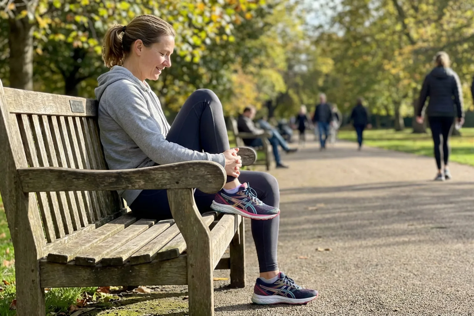 Candid iPhone photo of an athletic female runner in her 40s sitting on a park bench after a run, stretching her calf aga