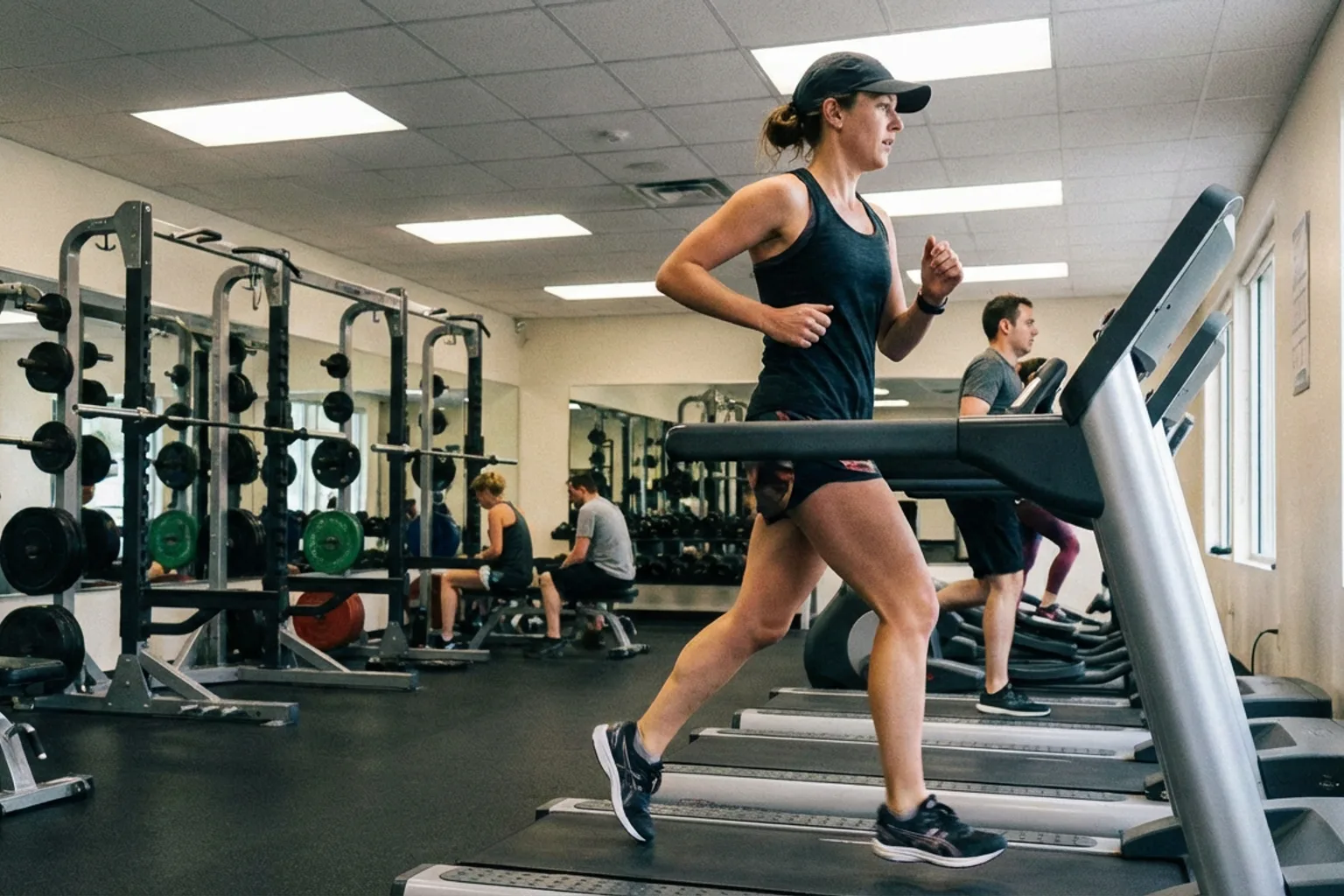 Candid iPhone photo of an athletic female runner on a treadmill in a real gym environment, natural overhead lighting, ot